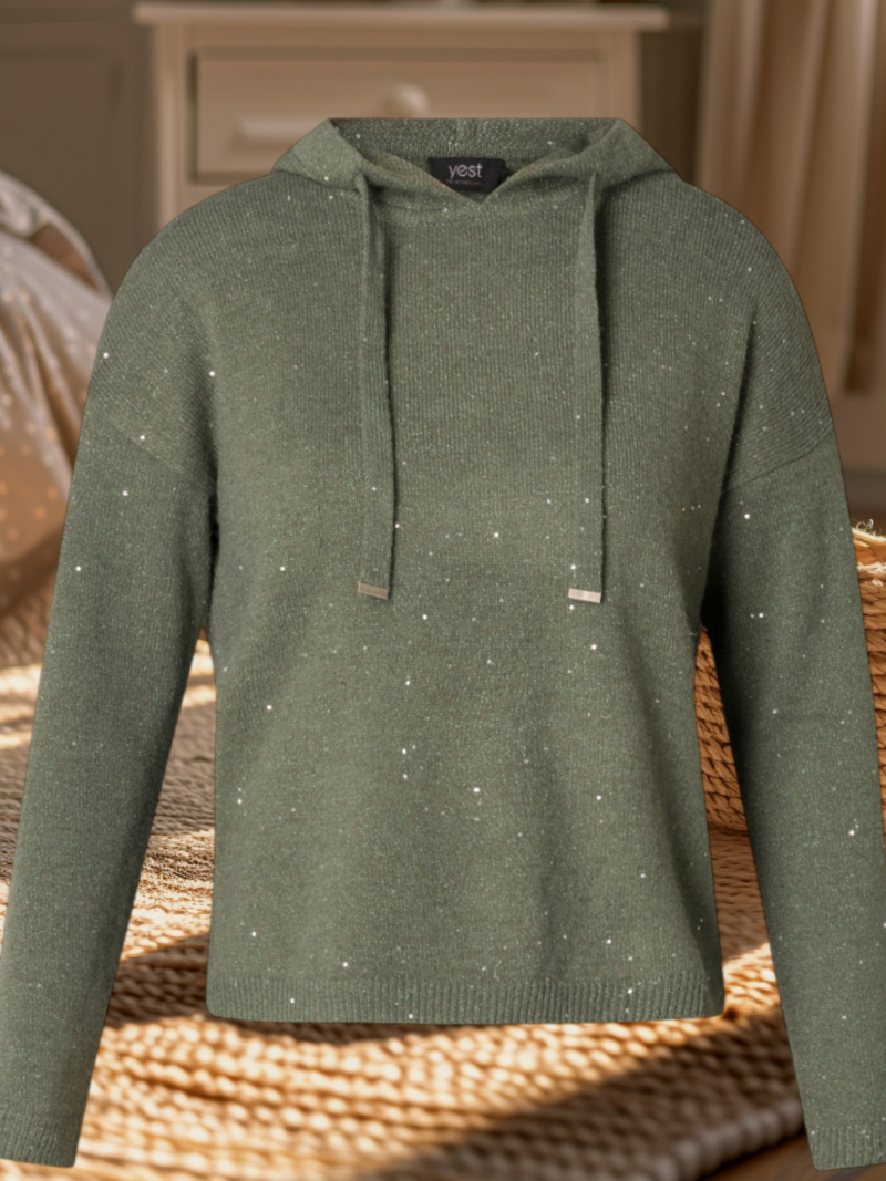 Pull avec capuche vert gris paillettes